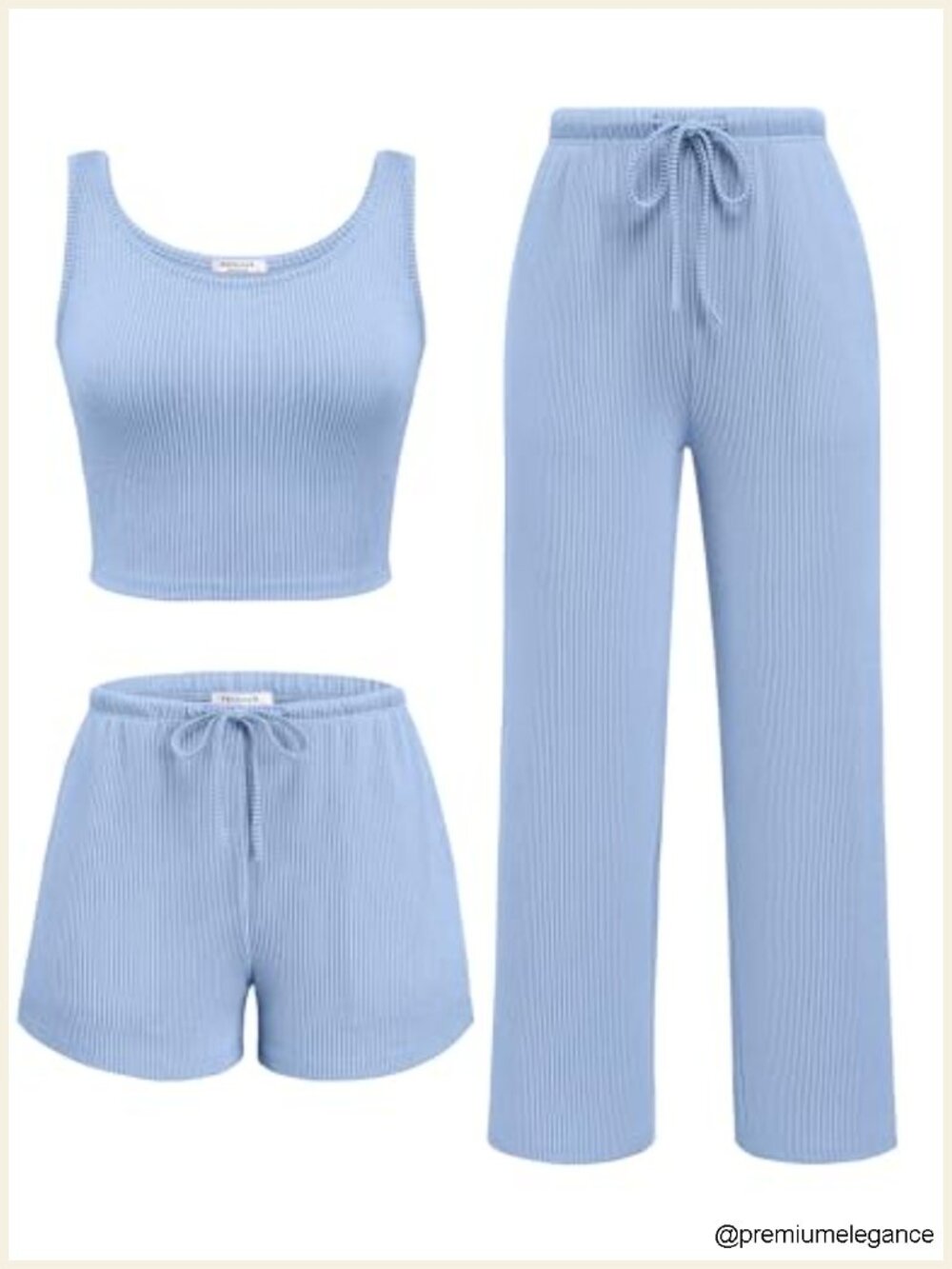 3 Piece Lounge Set Crop Tank Shorts Pants Ribbed Knit Vacation Outfit